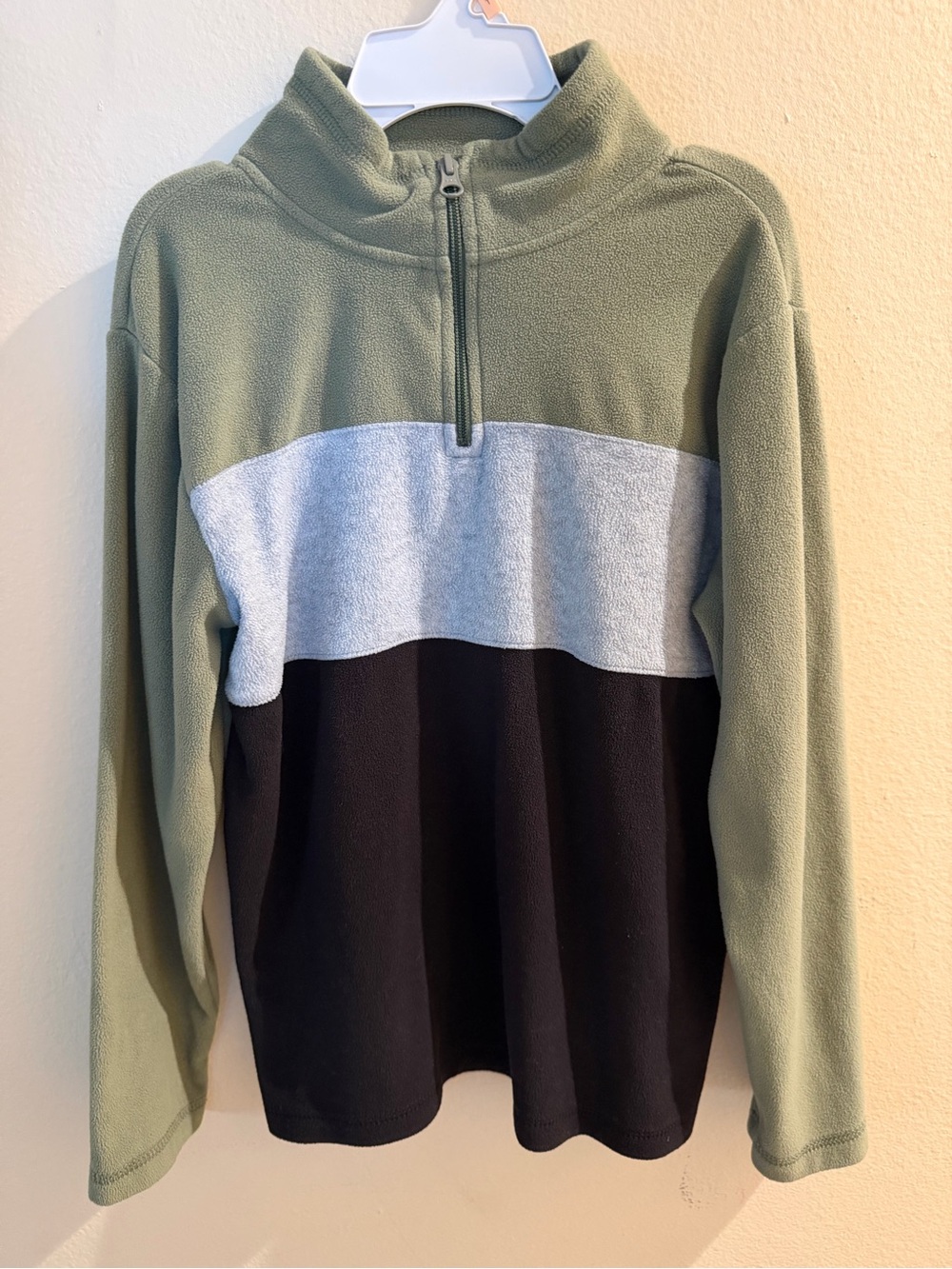 Boys Place Olive, Light Gray and Black Colorblock Half-Zip Fleece Pullover 10/12